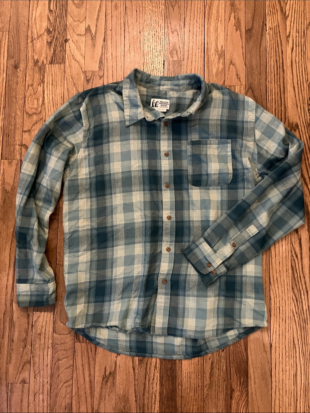 Marmot Teal and Light Blue Plaid Button-Down Shirt